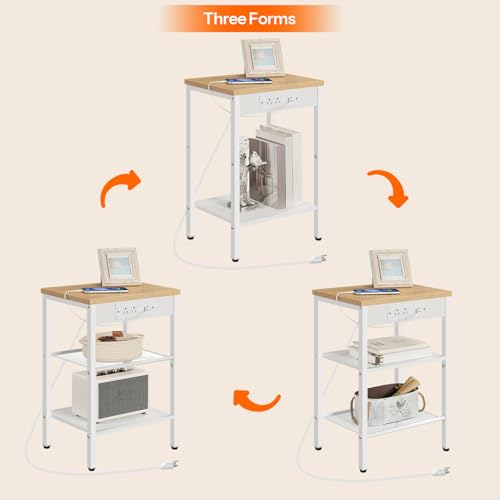 HOOBRO End Table with Charging Station and USB Ports, 3-Tier Nightstand with Adjustable Shelves, Small Side Table for Small Space in Living Room, Bedroom and Balcony, Natural and White WN112B - WoodArtSupply