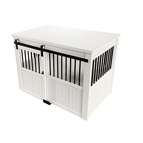 New Age Pet® ECOFLEX® Homestead Sliding Barn Door Furniture Style Dog Crate - Antique White, Large (EHDBC15-04L) - Stylish, Durable, Removable Cushions, Easy to Assemble. - WoodArtSupply