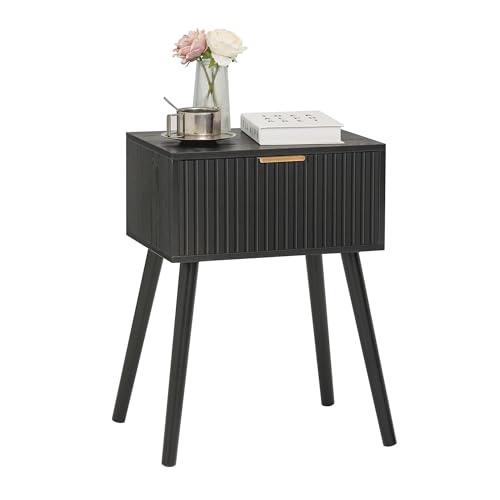 AWASEN Black Nightstand, Small End Tables Living Room, Accent Bedside Table with Fluted Drawer for Bedroom and Small Space, Black AWASEN