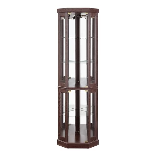 BAOMKONG Tall Corner Cabinet with Glass Doors, Lighted Glass Display Curio Cabinet with Adjustable Shelves, Home Office Floor Standing Display Cabinet for Bar, Liquor Storage and Medal, Dark Cherry BAOMKONG