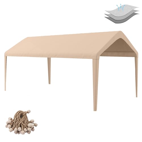Birodeko Carport Replacement Canopy Cover 10'x20' for Tent Top Garage Shelter Cover with Ball Bungees, 800D Oxford Replacement Cover Waterproof & UV Protection, Not Included Frame (Light Brown) Birodeko