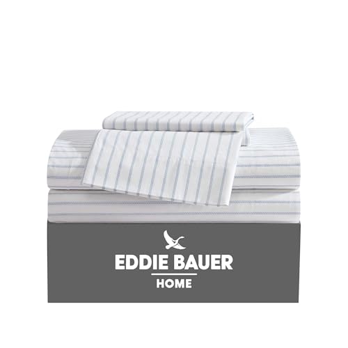Eddie Bauer - Twin Sheets, Cotton Percale Bedding Set, Crisp & Cool Home Decor (Essential Stripe White, Twin) Eddie Bauer