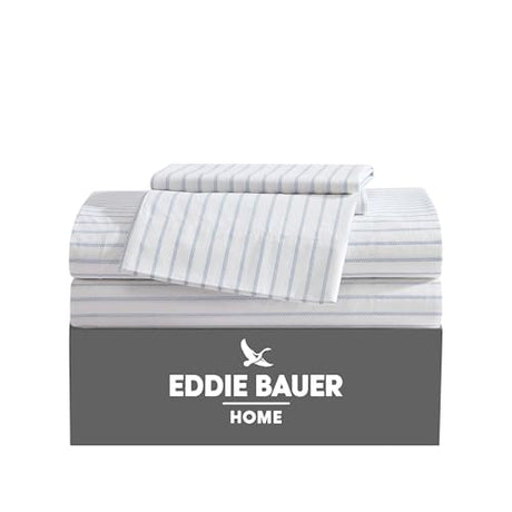 Eddie Bauer - Twin Sheets, Cotton Percale Bedding Set, Crisp & Cool Home Decor (Essential Stripe White, Twin) Eddie Bauer