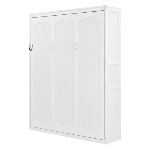 Merax Queen Size Murphy Bed, Wood Queen Murphy Hidden Wall Bed with Shelves for Home Office or Small Room, No Box Spring Needed, White Merax