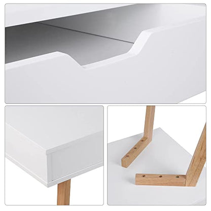 FOTOSOK White Computer Writing Desk with 2 Drawers, Small Desk Makeup Vanity Table Wood Desk with 4 Oak Legs, Modern Home Office Desk Console Study - WoodArtSupply