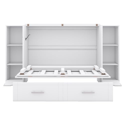 Ball & Cast Full Size Murphy Bed,Cabinet Hideaway with Shelves and Drawers,Wood Wall Bed can be Folded w/USB Ports,Easy Assembly,Platform Bedframe for Kids Bedroom,Student Dorms,White Ball & Cast