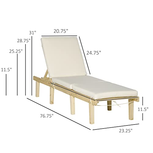 Outsunny Chaise Lounge Chair for Outdoor, Wood Outdoor Chaise Lounge with 4-Position Adjustable Backrest and Cushion, Reclining Beach Lounge Chair for Deck, Pool, Lawn and Sunbathing, Natural