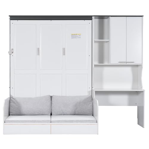 Merax Queen Size Wood Murphy Bed with Upholstered Sofa & Desk, Multifunctional Foldable Wall Platform Bed for Guest-Room, Bedroom, Space Saving, White+ Gray Merax