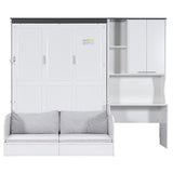 Merax Queen Size Wood Murphy Bed with Upholstered Sofa & Desk, Multifunctional Foldable Wall Platform Bed for Guest-Room, Bedroom, Space Saving, White+ Gray Merax