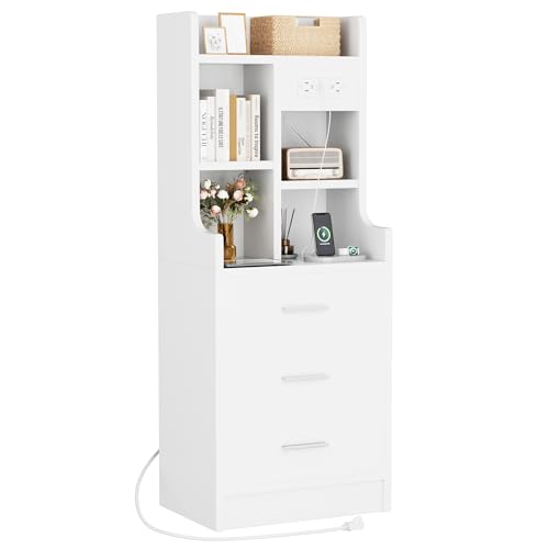 YESHOMY Tall Nightstand with Charging Station and USB Ports, Bedside Table with Open Bookshelf, Endtable with 3 Drawers, for Bedroom,Study, 48" Height, Pure White YESHOMY
