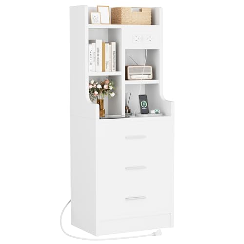 YESHOMY Tall Nightstand with Charging Station and USB Ports, Bedside Table with Open Bookshelf, Endtable with 3 Drawers, for Bedroom,Study, 48" Height, Pure White