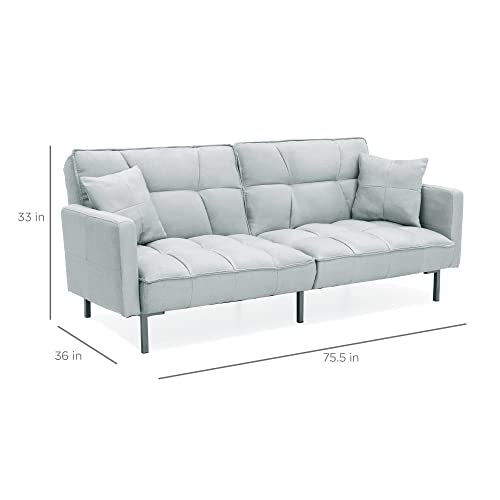 Best Choice Products Convertible Linen Fabric Tufted Split-Back Plush Futon Sofa Furniture for Living Room, Apartment, Bonus Room, Overnight Guests w/ 2 Pillows, Wood Frame, Metal Legs - Light Gray Best Choice Products