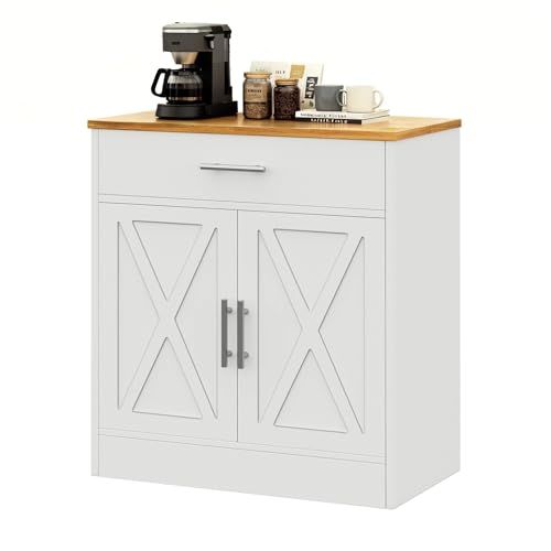 Vongrasig Farmhouse Coffee Bar Cabinet, Small Sideboard Buffet with Storage, Modern Kitchen Storage Cabinet with 1 Drawer and 2 Doors for Kitchen, Dining Room, White Vongrasig
