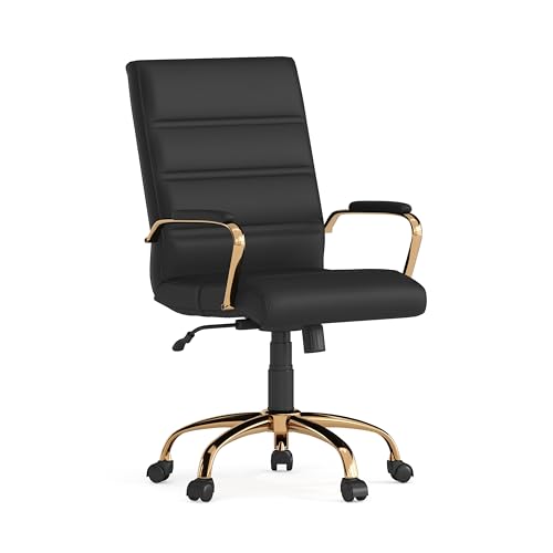 Flash Furniture Whitney Mid-Back Swivel LeatherSoft Desk Chair with Wheels, Padded Seat and Armrests, Adjustable Height Padded Office Chair, Black Flash Furniture
