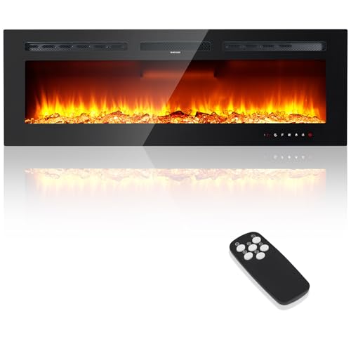 Zstar 60" Electric Fireplace Recessed and Wall Mounted with Remote Control, 750-1500W Fireplace Heater with Timer, Thermostat, Low Noise, Adjustable Flame Color, Speed & Brightness, Log & Crystals Zstar