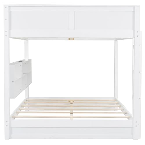 Merax Queen Over Queen Bunk Bed with Storage Cabinets and USB Ports, White Merax
