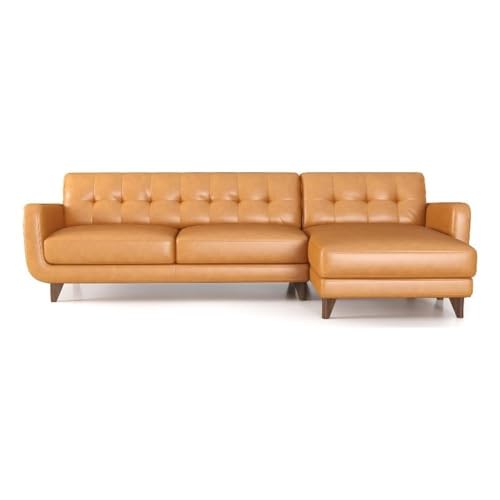 ASHCROFT Elva Mid Century L-Shaped Genuine Leather Right Facing Chaise Sectional, Light Brown Tufted Tight Back Sectional Sofa for Living Room Waiting Area Office Apartment Dorm Home, Tan ASHCROFT
