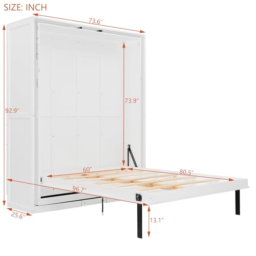 SOFTSEA Queen Murphy Bed with Rotating Frame, Storage Shelves, Foldable Wall Bed Frame with Bookcase, Hidden Murphy Bed Cabinet for Home Office, Guest Room, Space-Saving, White SOFTSEA