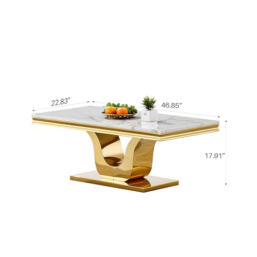 SSLine Modern White Marble Coffee Table with U-Shape Gold Stainless Steel Base Luxury Faux Marble Cocktail Center Table for Living Room Bedroom Home Office (1 Coffee Table) SSLine