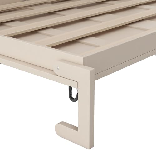 SOFTSEA Full Size Horizontal Murphy Bed with Storage Cabinets, Wood Hideaway Platform Bed Frame with Open Shelf, Wall Bed for Home Guest Room Small Room, Beige SOFTSEA