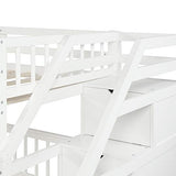MERITLINE Twin Over Full L Shaped Bunk Beds with Stairs and Storage, Solid Wood Convertible Bunk Loft Beds with Storage Staircase and Guardrail, No Box Spring Needed (Twin Over Full,White) MERITLINE