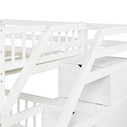 DRELOFT Twin Over Full Wooden Bunk Bed and Loft Bed with Storage Stairs in White - WoodArtSupply