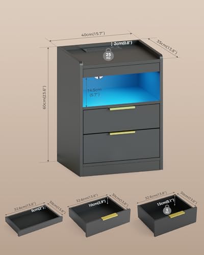 Mondeer Night Stand with Hidden Compartment, Black LED Nightstand with USB/Type-C Charging Station, Modern Bedside Table with 3 Drawers, for Bedroom Office,13.8" D x 15.7" W x 23.6" H Mondeer