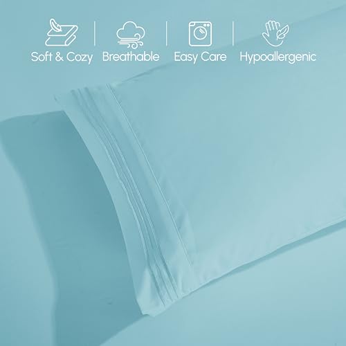 Elegant Comfort Luxurious 1500 Premium Hotel Quality Microfiber Three Line Embroidered Softest 4-Piece Bed Sheet Set, Wrinkle and Fade Resistant, King, Aqua Blue