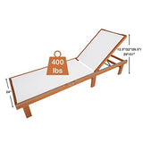 Tangkula Outdoor Wood Chaise Lounge Chair, Patio Chaise Lounger with 5-Postion Adjustable Back, Eucalyptus Wood Reclining Lounge Chair with Breathable Fabric for Poolside Lawn Backyard (1, White) Tangkula