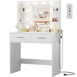 JUMMICO Makeup Vanity Desk with Mirror and Lights Power Outlet, Vanity Table Makeup Desk 2 Drawers, 6 Storage Shelves Hairdryer Holder & Bench Dressing Table for Bedroom (White, No Bench) JUMMICO