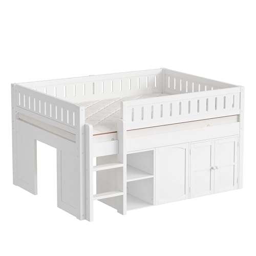 Harper & Bright Designs Low Loft Bed Full Size with Storage, Solid Wood Loft Bed with Cabinet and Chalkboard Panel, Multiple Functions Loft Bed Frame for Kids Teens Adults, White Harper & Bright Designs