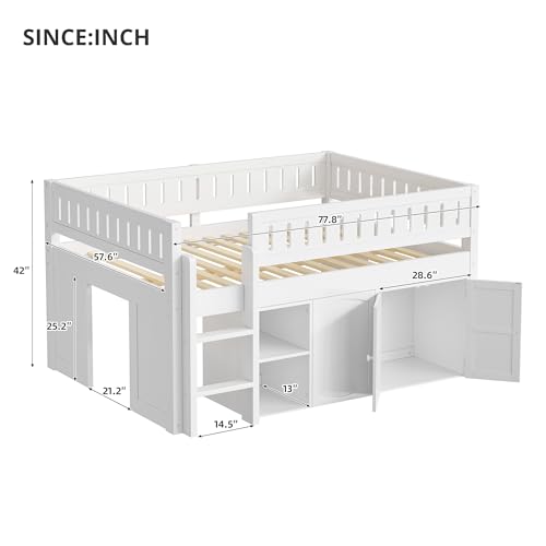 Harper & Bright Designs Low Loft Bed Full Size with Storage, Solid Wood Loft Bed with Cabinet and Chalkboard Panel, Multiple Functions Loft Bed Frame for Kids Teens Adults, White Harper & Bright Designs
