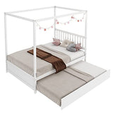 Giantex White Canopy Bed with Trundle - Stylish Solid Wood Full Size Frame for Kids Giantex