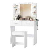 ‌FDW Vanity Desk with Mirror and Lights, 2-Drawer Makeup Vanity Desk with 3 Adjustable Light Colors, 6 Shelves and Power Outlets for Bedroom, White FDW