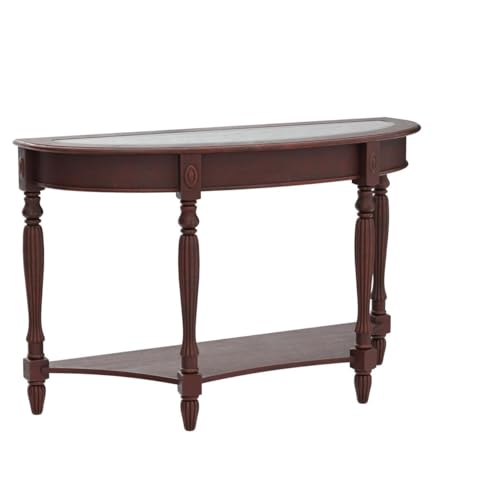 PADMA HOUSE Traditional Solid Wood Semi-Circle Sofa Table with Tempered Glass Top for Living Room, Cherry Walnut PADMA HOUSE