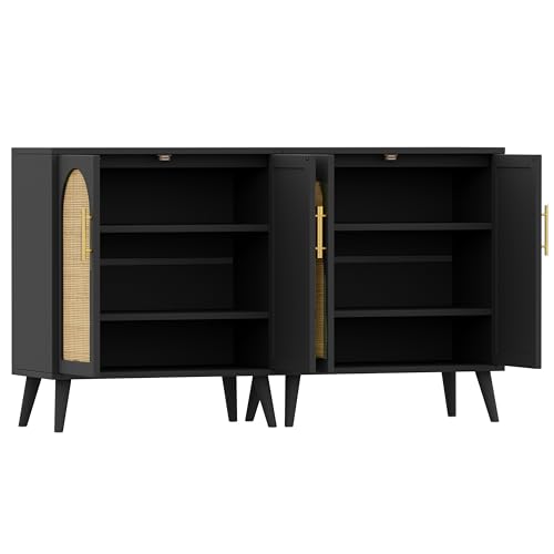 Rovaurx Set of 2 Rattan Storage Cabinet with Doors, Accent Bathroom Floor Cabinet, Modern Sideboard Buffet Cabinet for Living Room, Entryway, Dining Room and Kitchen, Black and Natural BMGZ108BM02 Rovaurx