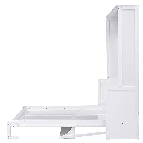 FAVSH Queen Size Murphy Bed with Shelf, Modern Solid Pine Wood Wall Bed, Space-Saving Hidden Bed,Fold-The-Way Bed for Bedroom,No Box Spring Needed,White FAVSH