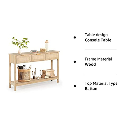 LAZZO Rattan Console Table Boho Entryway Table Narrow Long Sofa Table Hallway Foyer Table Behind Couch Table with 3 Drawers and Open Storage Shelf for Living Room and Corridor Natural Wood LAZZO
