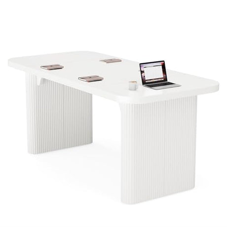 Tribesigns 5 ft Conference Table, Modern Rectangular Meeting Seminar Table with Double Pedestal, 62-Inch Large Boardroom Table for Office (White) Tribesigns