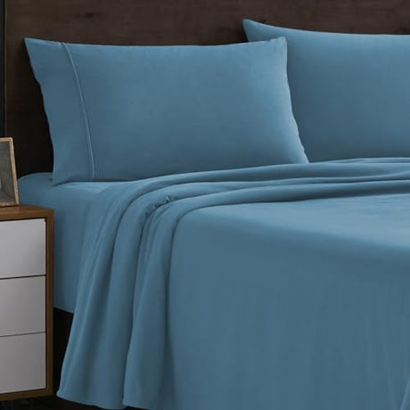 Flannel Sheets Queen Size Warm and Cozy Deep Pocket Breathable All Season Bedding Set with Fitted with Full Elastic & Built in Corner Sheet Straps, Flat and Pillowcases, Queen, Denim Sweet Home Collection