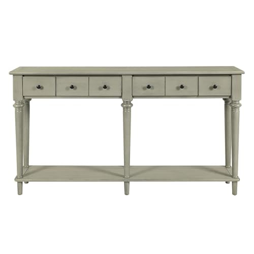 Knocbel Retro Console Table with 4 Drawers and Open Shelf, Vintage Sofa Tables with Slim Legs for Entryway Living Room 59.8" W x 11" D x 34" H Grey Wash Knocbel