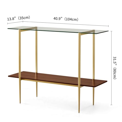LumFurn Glass Console Table for Living Room, Foyer & Entrance, 2-Tiers Mid-Century Modern Sofa Table with Clear Glass Top, Walnut Finish Wood Top and Gold Finish Metal Frame LumFurn