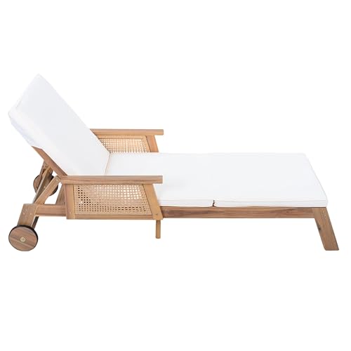 Merax Retro Acacia Wood Outdoor Chaise Lounge with Wheels & 3-Position Adjustable Backrest, Vintage Wicker Design Sun Lounger with Plush Removable Cushion for Patio, Garden & Poolside, Acacia Wood