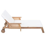 Merax Retro Acacia Wood Outdoor Chaise Lounge with Wheels & 3-Position Adjustable Backrest, Vintage Wicker Design Sun Lounger with Plush Removable Cushion for Patio, Garden & Poolside, Acacia Wood