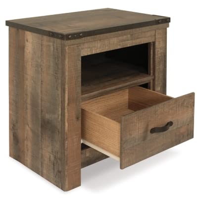 Signature Design by Ashley Trinell Rustic 1 Drawer Nightstand with USB Charing Stations, Warm Brown - WoodArtSupply