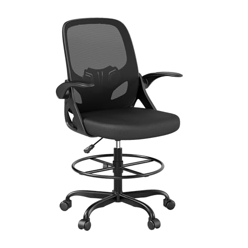 Kensaker Tall Drafting Chair with Footrest Ring for Home and Work, Ergonomic Home Desk Office Chair with Flip up Arms and Lumbar Support, Extended Height Executive Desk Office(Black) Kensaker