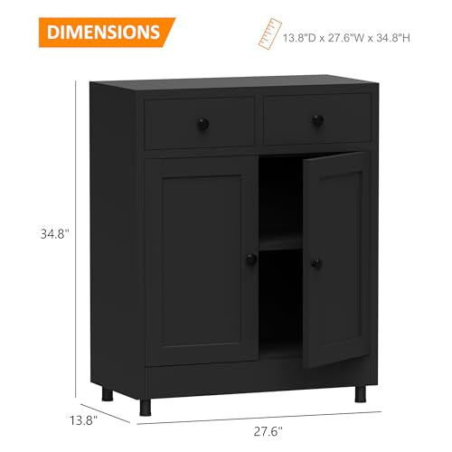 JINKUR Metal Storage Cabinet with 2 Drawers and Adjustable Shelf, Sideboard Buffet Cabinet for Home, Office, Hallway, Entryway, Living Room, Kitchen Pantry and Dining Room (Black) JINKUR