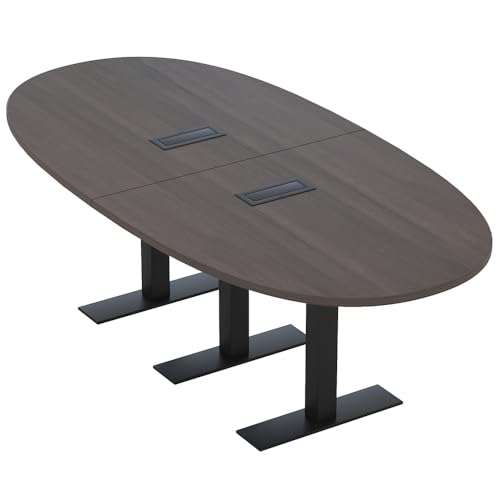 SKUTCHI DESIGNS INC. 8 Person Oval Shaped Meeting Room Table with Metal T Legs | 2 Power and Data Modules | Harmony Series | 8' Conference Table | Black Oak with Matte Black Base SKUTCHI DESIGNS INC.