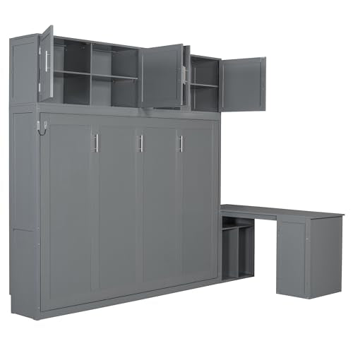 MaiDeHaoo Horizontal Queen Size Murphy Bed with Desk and Storage Drawers, Space Saving Wood Folding Wall Bed with Storage Shelves and Cabinets, Gray MaiDeHaoo