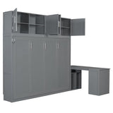 MaiDeHaoo Horizontal Queen Size Murphy Bed with Desk and Storage Drawers, Space Saving Wood Folding Wall Bed with Storage Shelves and Cabinets, Gray MaiDeHaoo